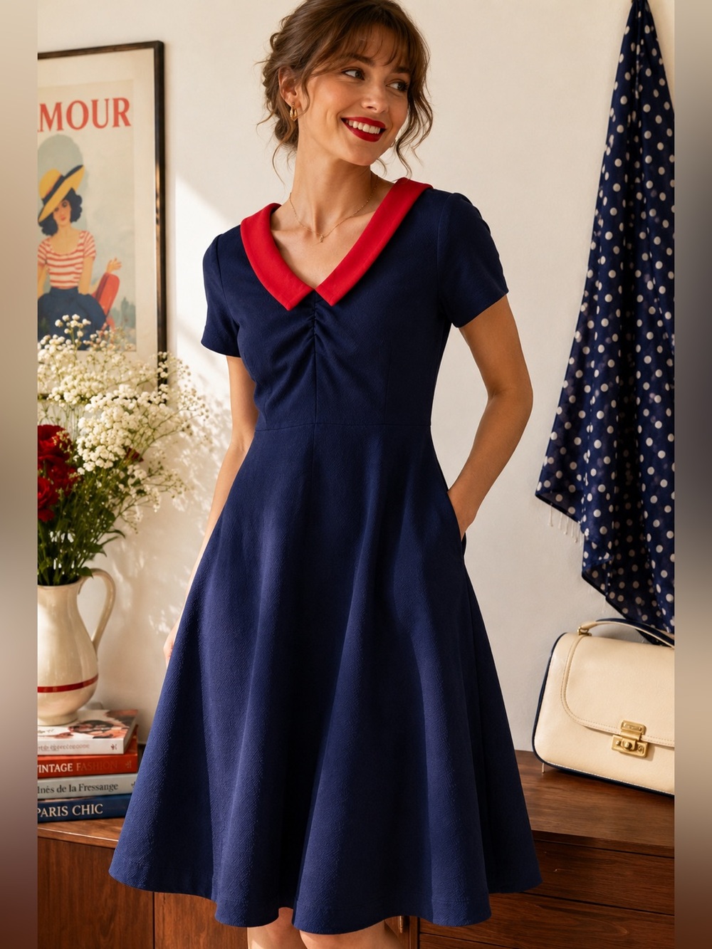 Ruby Belle Navy Red Retro Collar A-Line Midi Dress Pin Up Mod Rockabilly 8